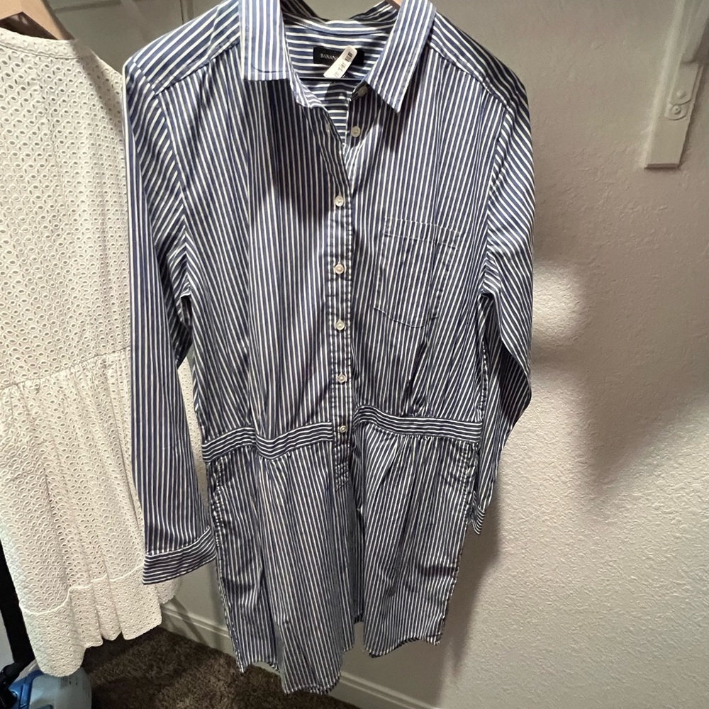Banana Republic striped shirt dress.  East office to happy hour look.